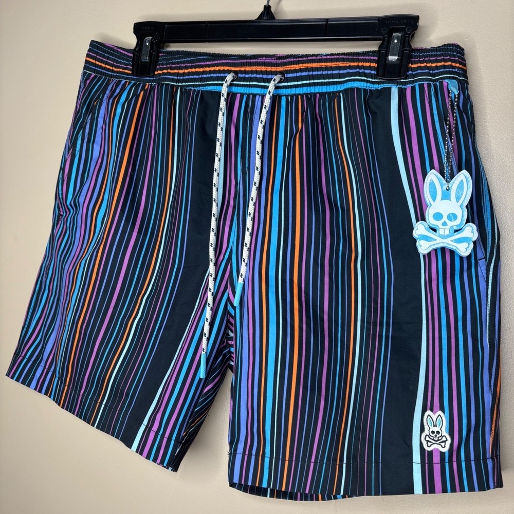 Psycho Bunny Adkins Mens Medium Striped Swim Trunks Lined Summer Vacation